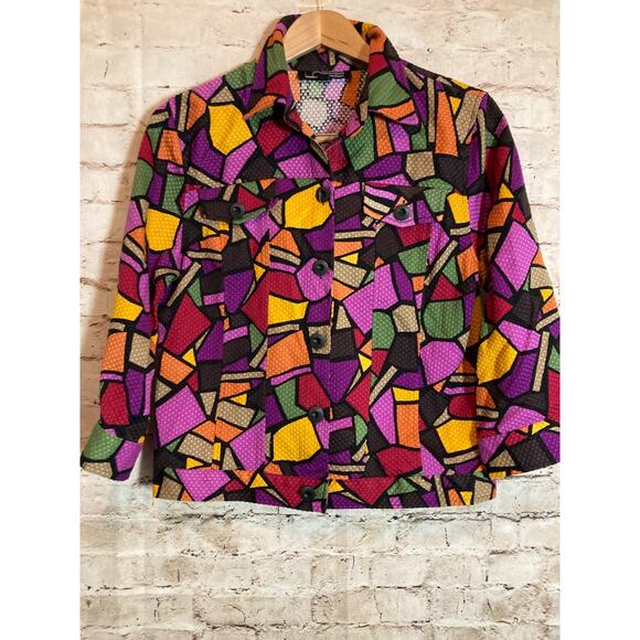 Linear Artsy Jacket Womens Small Colorful Art To Wear Mosaic Printed Lightweight - Picture 1 of 12